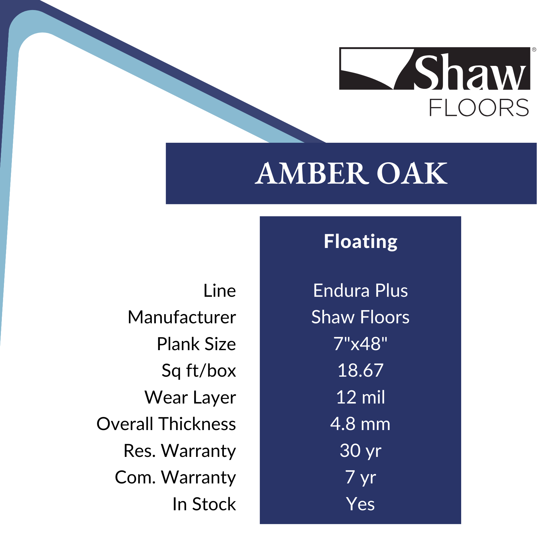 Amber Oak Luxury Vinyl Flooring by Shaw sold at Calhoun's, Springfield, IL Specs