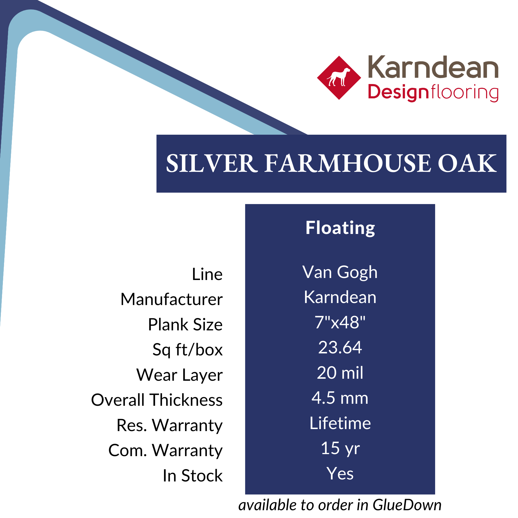 Silver Farmhouse Oak Luxury Vinyl Flooring from Karndean, sold at Calhoun’s, Springfield, IL Specs